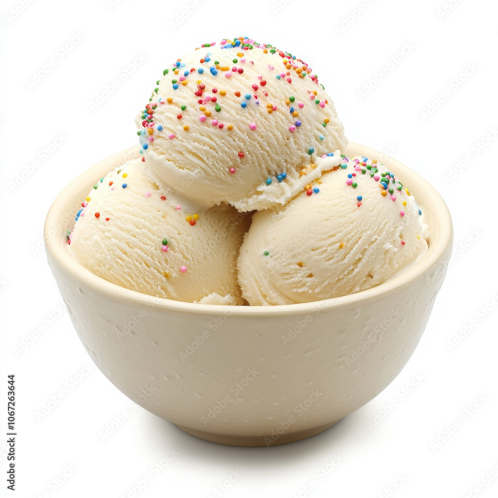 A bowl of delicious vanilla ice cream with sprinkles, isolated on a white background, showcasing creamy texture and fun appearance