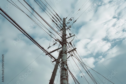 A towering utility pole stands against a dramatic sky, its intricate network of wires stretching into the overcast expanse, symbolizing connectivity and technology. photo