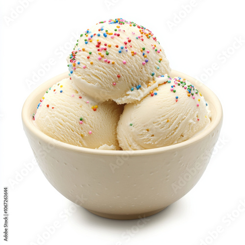 Obraz na płótnie A bowl of delicious vanilla ice cream with sprinkles, isolated on a white background, showcasing creamy texture and fun appearance w salonie
