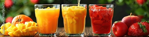 Three glasses filled with vibrant orange, mango, and strawberry juices, set against fresh fruit slices and whole fruits, creating a refreshing summer beverage selection.

 photo