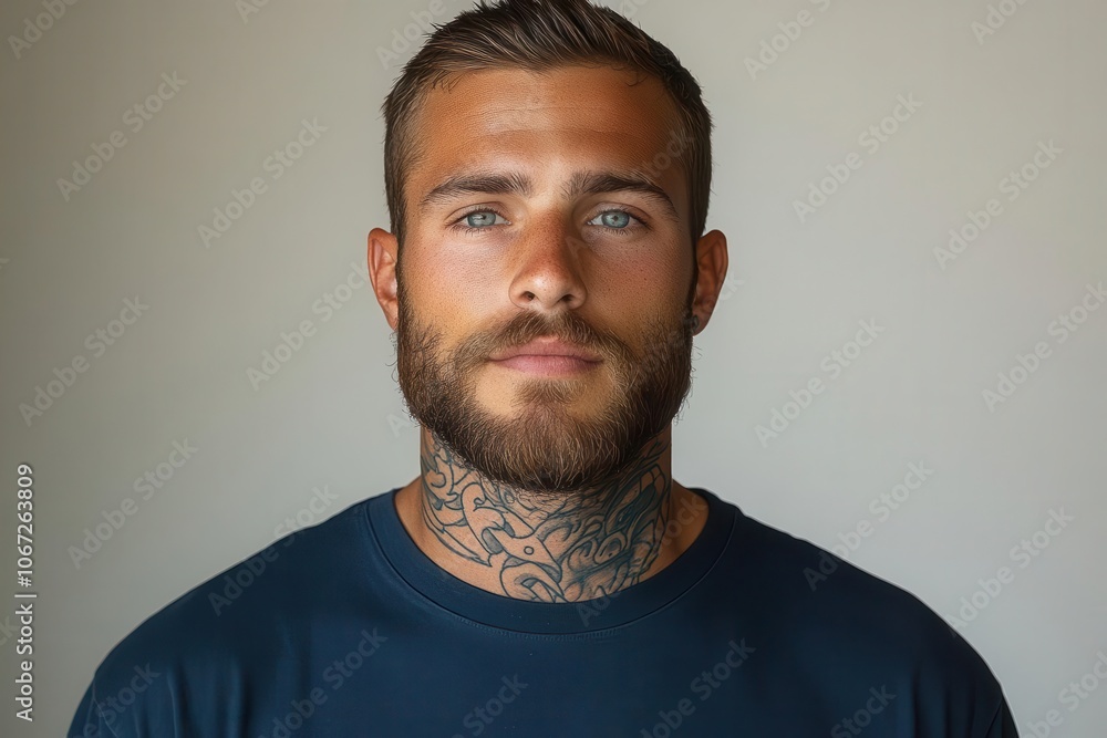 cropped image of a tattooed man wearing a dark navy blue tshirt showcasing both front and back views set against a clean white background to highlight the detailed ink work cropped image of a tattooed man wearing a dark navy blue tshirt showcasing both front and back views set against a clean white background to highlight the detailed ink work