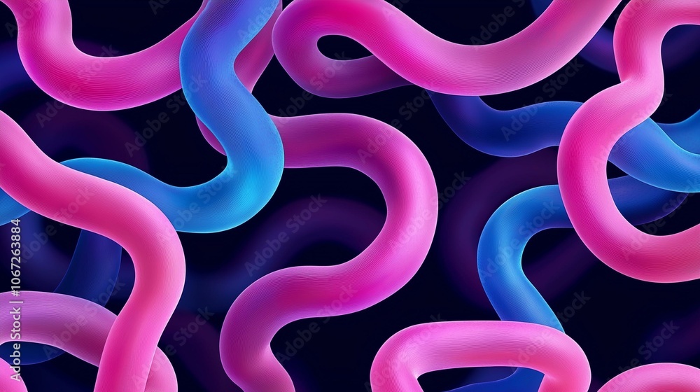 Abstract colorful shapes in pink and blue intertwine against a dark background. Abstract colorful shapes in pink and blue intertwine against a dark background.