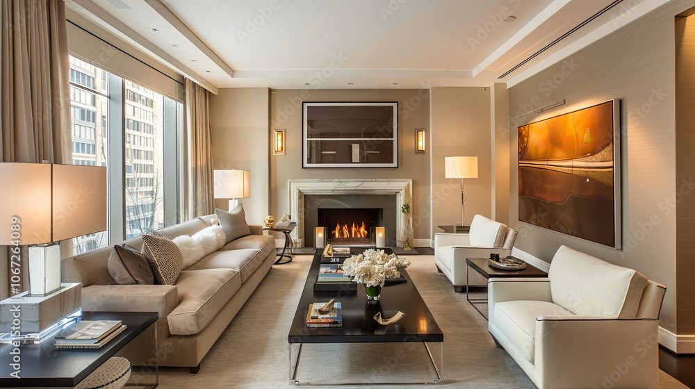 A modern living room with light brown walls, a sofa and coffee table