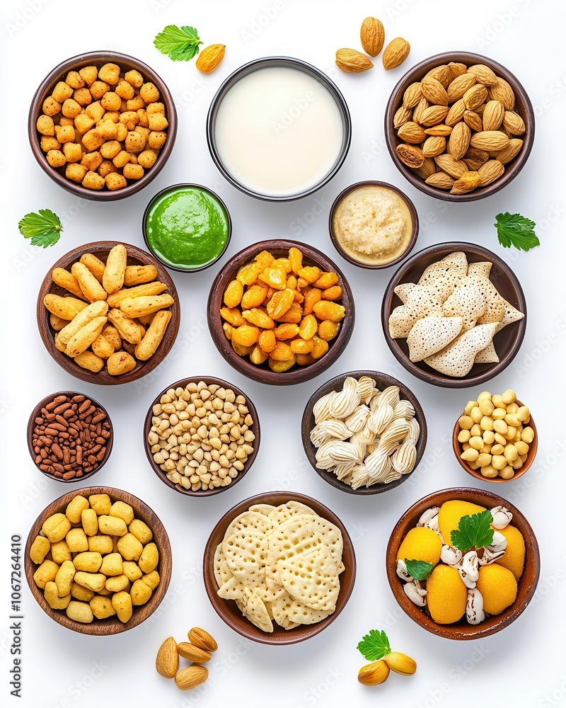 Assorted snacks in bowls, including nuts, dips, and sweets on a white isolated background. Assorted snacks in bowls, including nuts, dips, and sweets on a white isolated background.