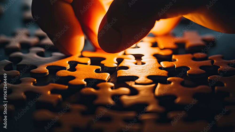 A hand places a puzzle piece onto a table, illuminated by soft light, highlighting the intricate textures and shadows of the puzzle. A hand places a puzzle piece onto a table, illuminated by soft light, highlighting the intricate textures and shadows of the puzzle.