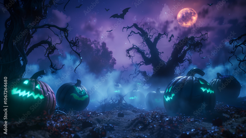 Obraz premium A cinematic photograph of a haunted pumpkin patch at night, oversized pumpkins with sinister faces carved deeply