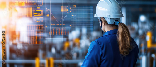 Technician monitoring biofuel production in a modern facility, digital data overlays on transparent screens, biofuel technician, renewable fuel production