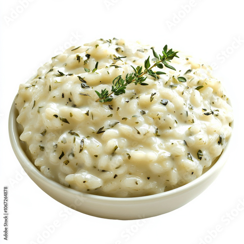 A serving of creamy risotto topped with herbs, isolated on a white background, showcasing elegance and flavor photo