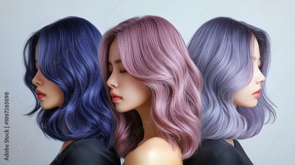 Unique wavy hair color styles, combining a range of shades in a sleek, modern layout for diverse hair care and fashion advertisement Unique wavy hair color styles, combining a range of shades in a sleek, modern layout for diverse hair care and fashion advertisement