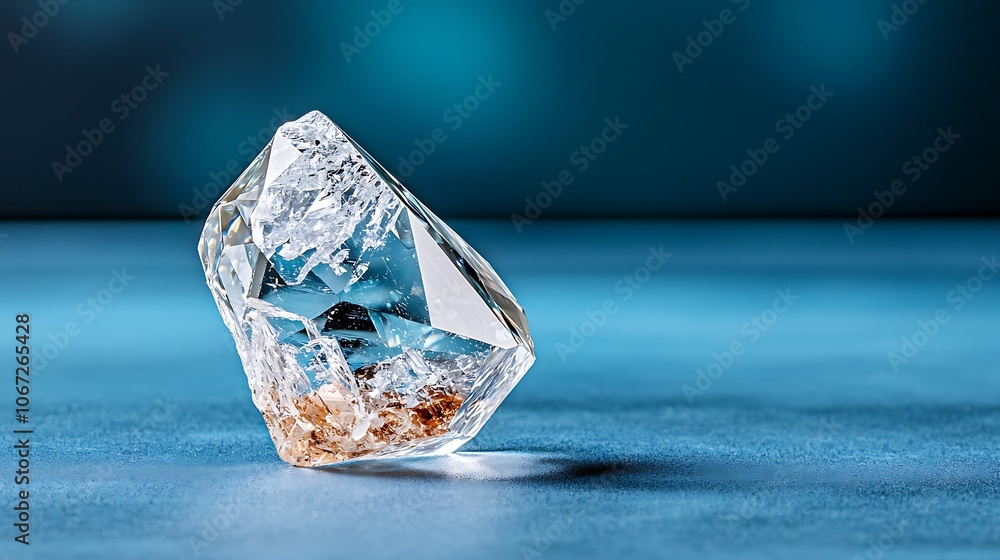 The sharp edges and intricate pattern of the diamond crystal are accentuated against the simple elegance of the blue background, drawing attention to its exquisite craftsmanship. The sharp edges and intricate pattern of the diamond crystal are accentuated against the simple elegance of the blue background, drawing attention to its exquisite craftsmanship.
