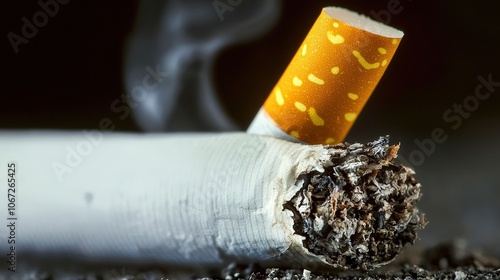 Close-up of a cigarette with smoke on a dark surface, highlighting the ash and filter, symbolizing cumulative health damage.