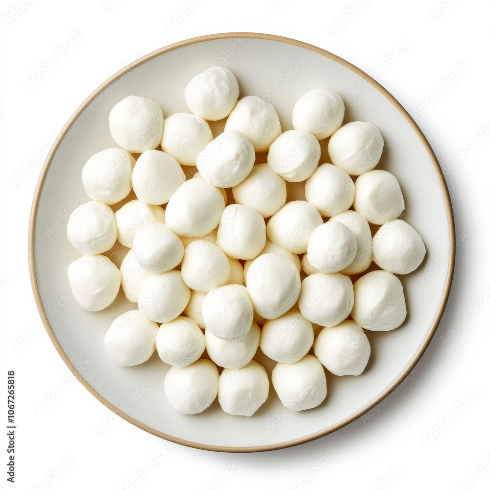 A spread of mozzarella balls arranged on a plate, isolated on a white background, with a soft, pillowy texture to emphasize freshness A spread of mozzarella balls arranged on a plate, isolated on a white background, with a soft, pillowy texture to emphasize freshness