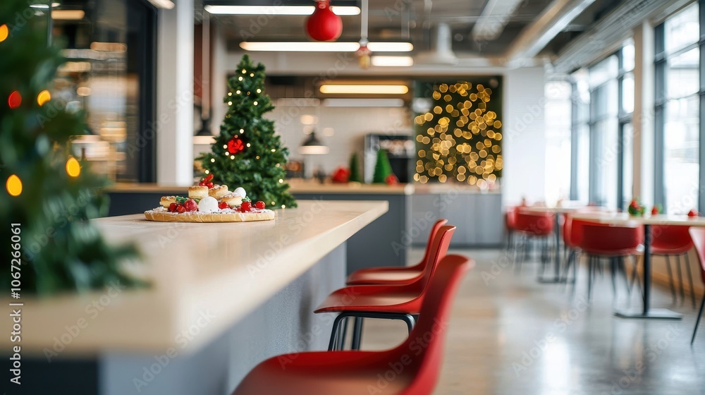 Obraz premium A modern cafe decorated for Christmas, featuring vibrant red chairs and festive greenery, creating a cozy holiday atmosphere.
