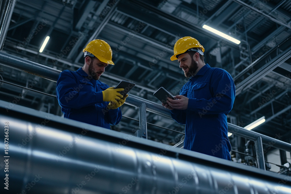 Engineers in blue uniforms and yellow helmets chat in factory filled with pipes Engineers in blue uniforms and yellow helmets chat in factory filled with pipes