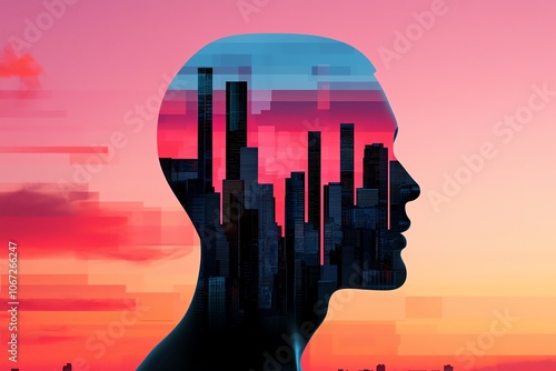 Silhouette of a person with a cityscape within, set against a vibrant sunset.