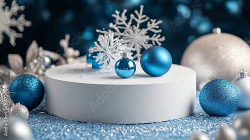 empty stone podium with luxry ornaments and branches photo