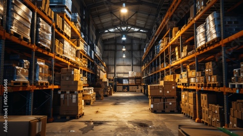Wallpaper Mural Warehouse aisle filled with stacked boxes and industrial shelving Torontodigital.ca