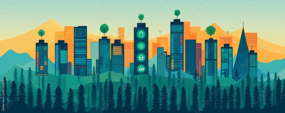 Fototapeta premium Urban Cityscape with Trees and Data Icons