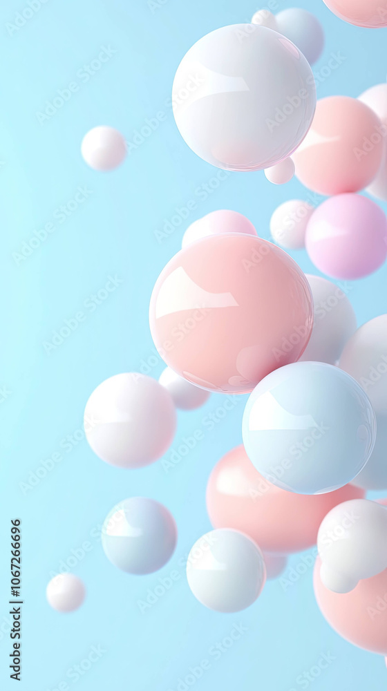 Floating pastel spheres create serene and minimalistic atmosphere against soft blue background, evoking sense of calm and elegance Floating pastel spheres create serene and minimalistic atmosphere against soft blue background, evoking sense of calm and elegance