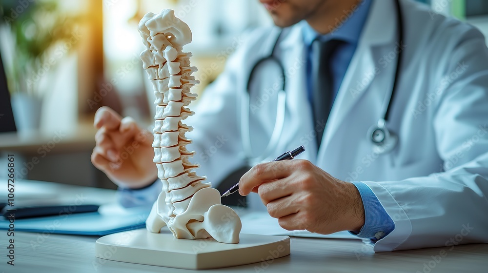 Obraz premium Closeup no face medical male doctor pointing on human spine model with a pen sitting in his office. Spinal healthcare and back pain treatment concept. Selective focus, copy space HD
