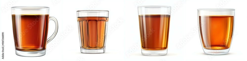 Variety of glasses with amber beverage on white isolate background. Variety of glasses with amber beverage on white isolate background.