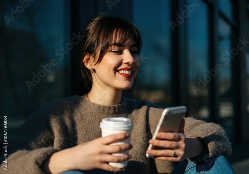 Happy Woman using Phone with Coffee in Hand