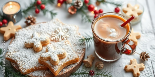 A festive arrangement of punch and cookies on a white background, seasonal, winter, refreshment