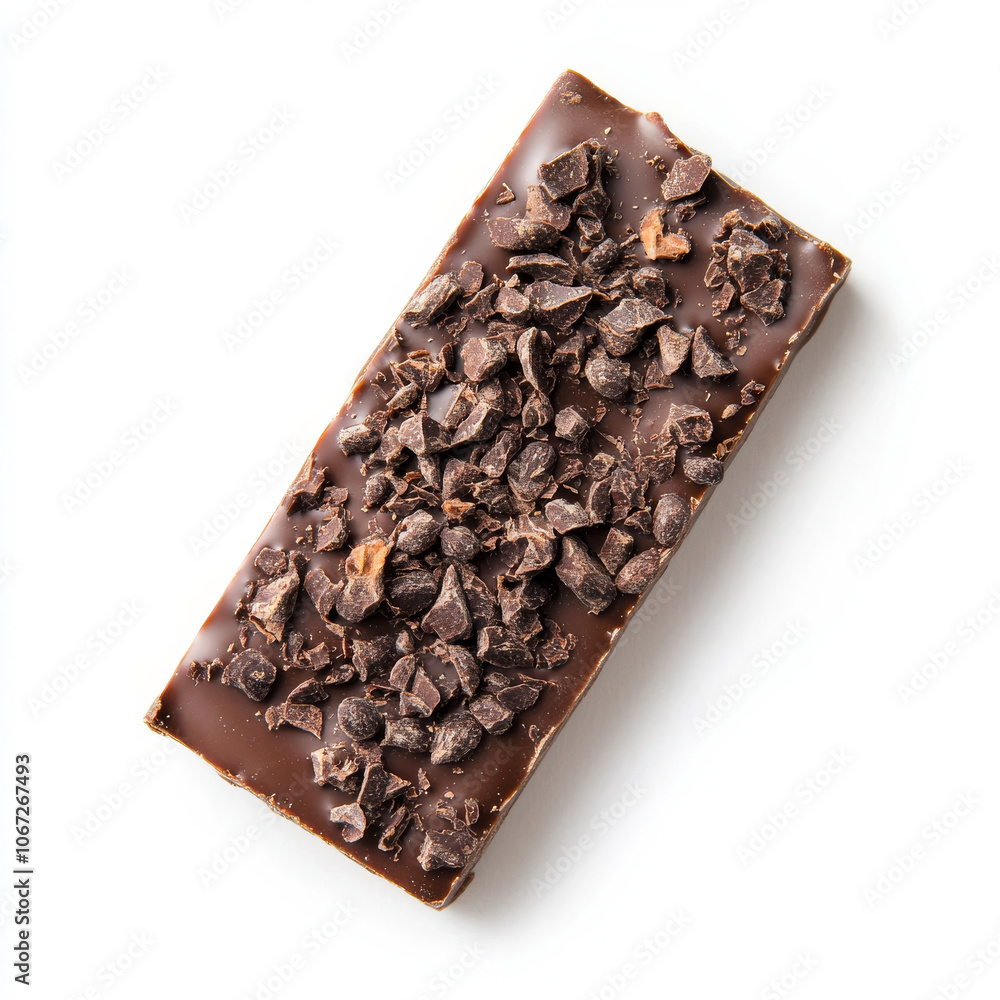 A piece of dark chocolate with cocoa nibs, isolated on a white background, highlighting richness and indulgence A piece of dark chocolate with cocoa nibs, isolated on a white background, highlighting richness and indulgence