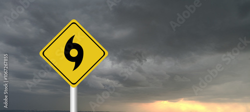 danger,caution,Hurricane Idalia warning sign against a powerful stormy background with copy space. Dirty and angled sign with cyclonic winds add to the drama.hurricane season sign on cloudy background photo