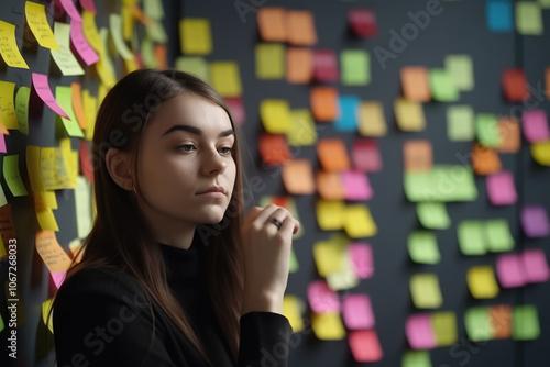 generated illustration of a woma standing  in front of a colorful wall of sticky notes, photo