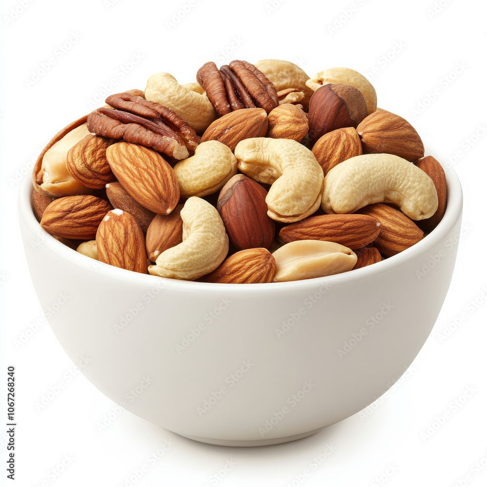 A bowl of mixed nuts, isolated on a white background, emphasizing the variety and health appeal of this snack