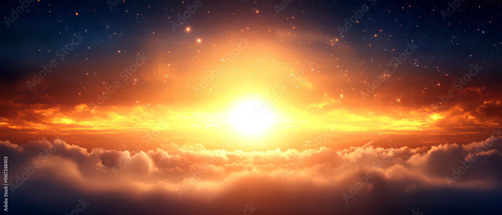 Fototapeta premium Stunning sunrise over the clouds, casting warm orange and golden hues across the horizon.