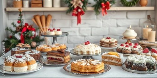 Wallpaper Mural A festive display of assorted Christmas cakes and desserts on a table with holiday decorations, decoration, seasonal Torontodigital.ca