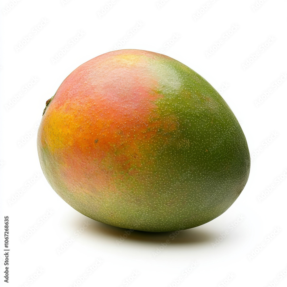 A fresh mango with a juicy orange flesh, isolated on a white background, highlighting its tropical and refreshing qualities A fresh mango with a juicy orange flesh, isolated on a white background, highlighting its tropical and refreshing qualities