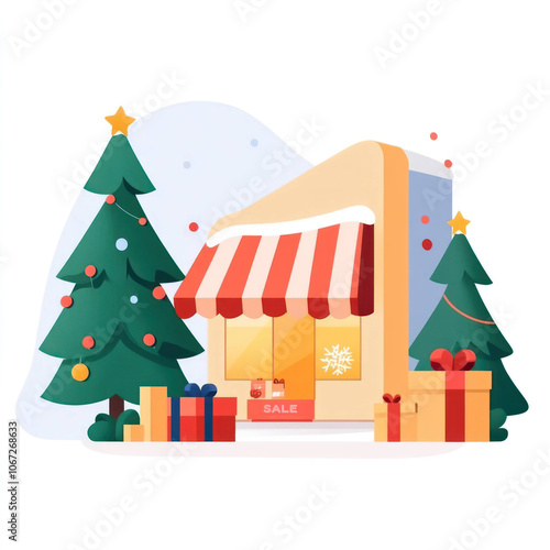 festive holiday scene featuring charming shop with sale sign, surrounded by decorated Christmas trees and colorful gift boxes. atmosphere is cheerful and inviting