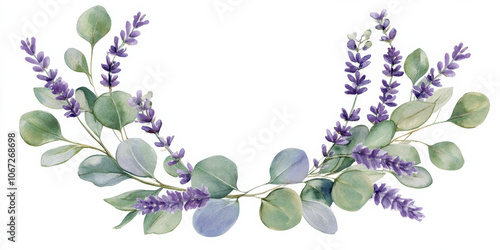 Elegant floral wreath of watercolor eucalyptus leaves and delicate lavender sprigs in purple and green tones, ideal for wedding invitations and rustic designs, isolated on white