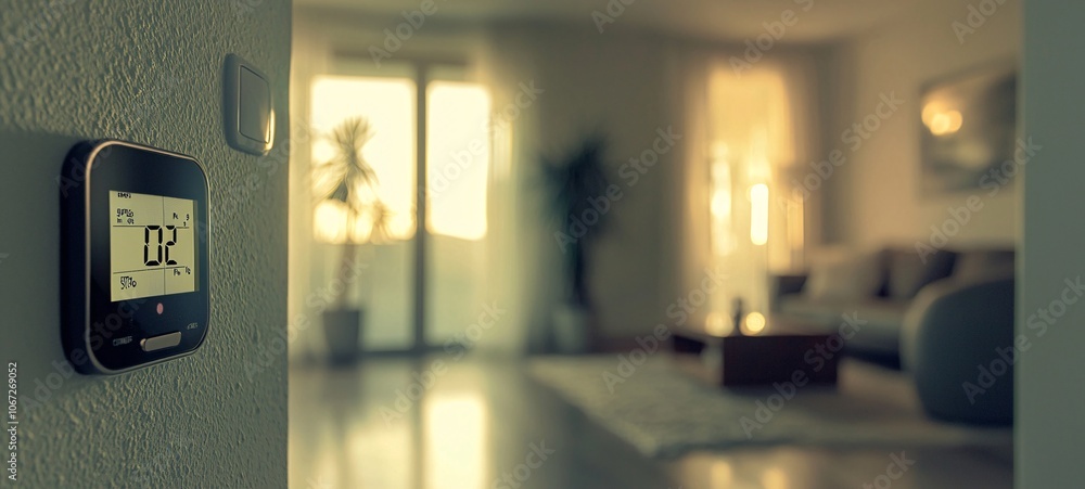 A modern thermostat displaying temperature settings in a cozy living room, highlighting smart home technology and comfort. A modern thermostat displaying temperature settings in a cozy living room, highlighting smart home technology and comfort.
