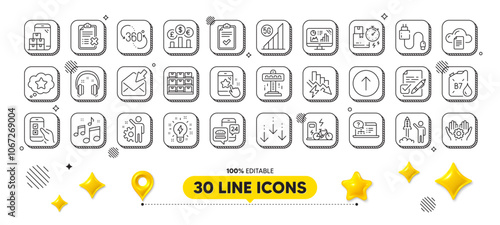 Scroll down, Food app and Mobile inventory line icons pack. 3d design elements. Analytics graph, Reject checklist, Headphones web icon. File storage, Swipe up, Checklist pictogram. Vector
