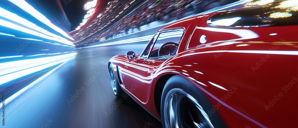 A dynamic shot of a red sports car speeding through a tunnel, capturing the motion and speed with lights blurring in the background. A dynamic shot of a red sports car speeding through a tunnel, capturing the motion and speed with lights blurring in the background.