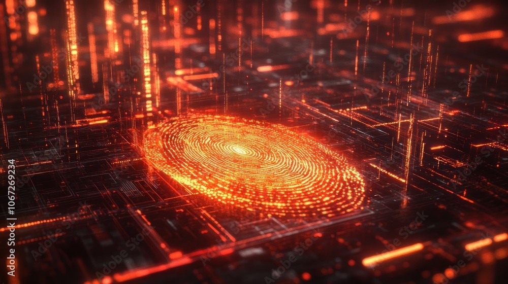 A glowing fingerprint sits in the center of a digital circuit board. A glowing fingerprint sits in the center of a digital circuit board.