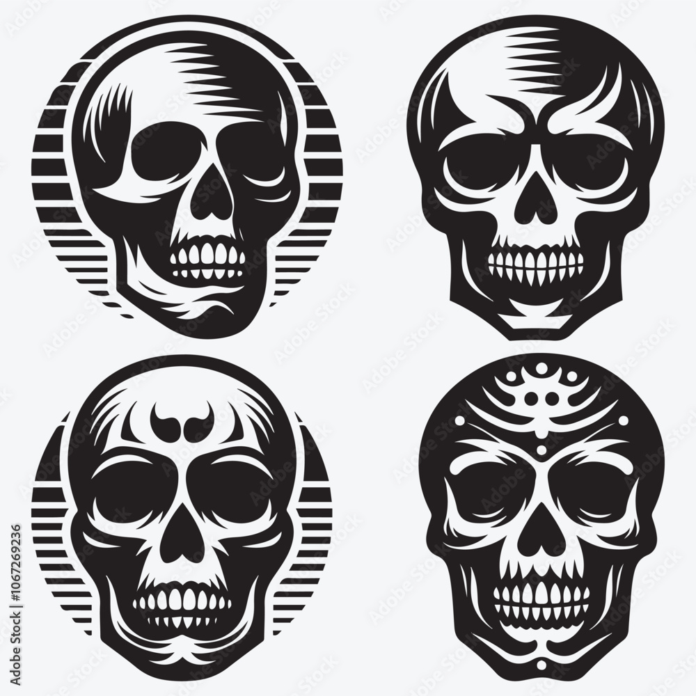 Fototapeta premium Set of Skull Silhouettes Clip Art Vector Illustration Isolated on White Background