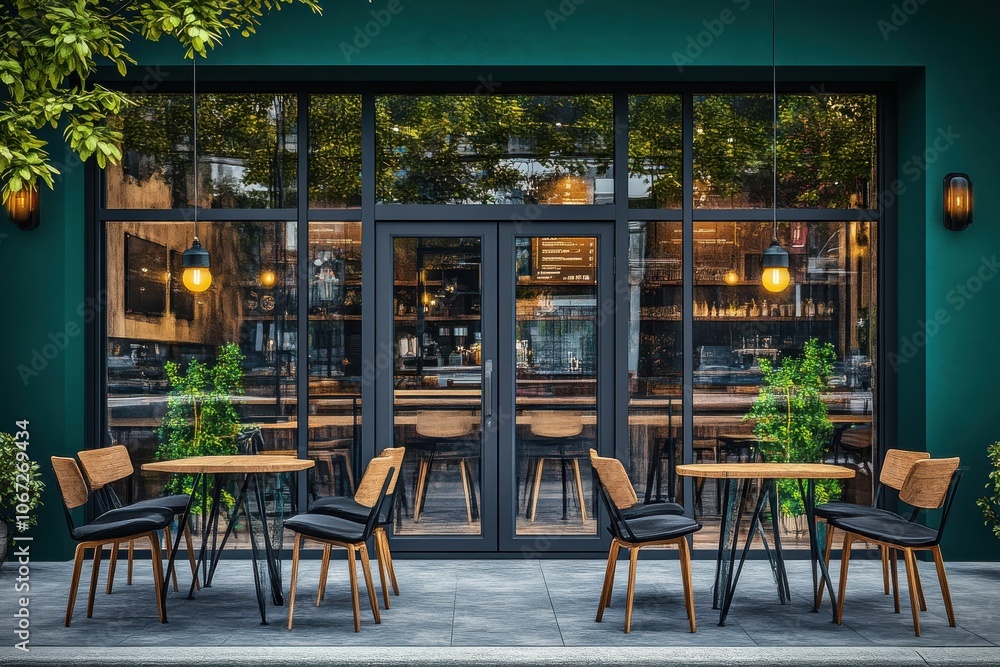 Rustic cafe exterior with glass windows and teal walls, photorealistic Rustic cafe exterior with glass windows and teal walls, photorealistic