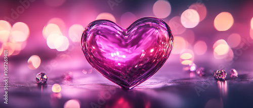 single glowing heart isolated over festive sparkling background; concept of romance, flirting, dating, valentine's day celebration; copy space photo