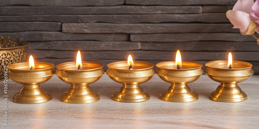 Five Golden Oil Lamps Burning Brightly Against a Stone Wall Five Golden Oil Lamps Burning Brightly Against a Stone Wall