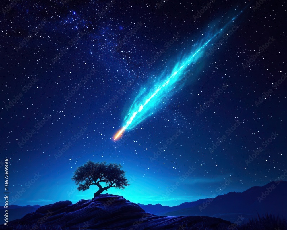A stunning night landscape featuring a comet and a solitary tree beneath a starry sky. A stunning night landscape featuring a comet and a solitary tree beneath a starry sky.