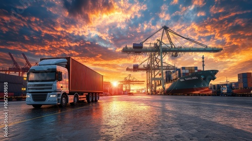 Container truck in ship port for business Logistics and transportation of Container Cargo ship and Cargo plane with working crane bridge in shipyard at sunrise, logistic import export and transport
