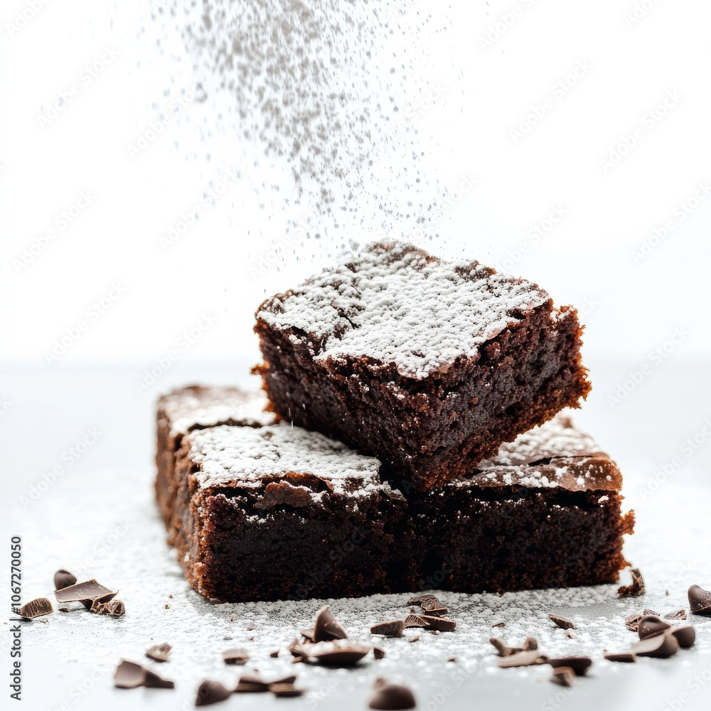 A rich, moist chocolate brownie with powdered sugar dusting, isolated on a white background, highlighting indulgence A rich, moist chocolate brownie with powdered sugar dusting, isolated on a white background, highlighting indulgence