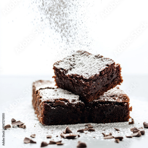 A rich, moist chocolate brownie with powdered sugar dusting, isolated on a white background, highlighting indulgence