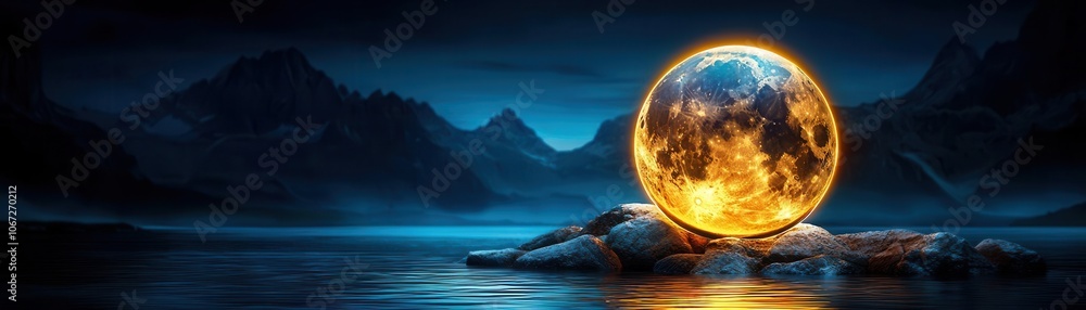 A glowing orb sits on rocky terrain, surrounded by tranquil waters and mountains in a mystical landscape. A glowing orb sits on rocky terrain, surrounded by tranquil waters and mountains in a mystical landscape.