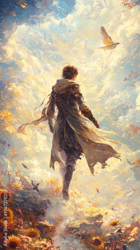 A figure walks through a vibrant, ethereal landscape filled with light and nature. A figure walks through a vibrant, ethereal landscape filled with light and nature.